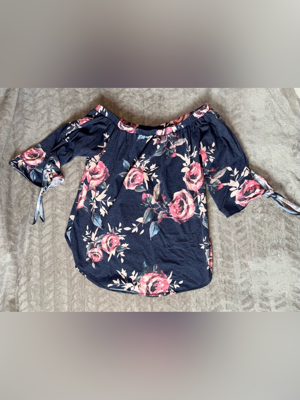 Tickled Teal XL Floral Off The Shoulder Top Romantic Rose Print Tie Sleeve Boho